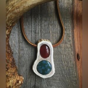 Agate antler necklace two stones handmade